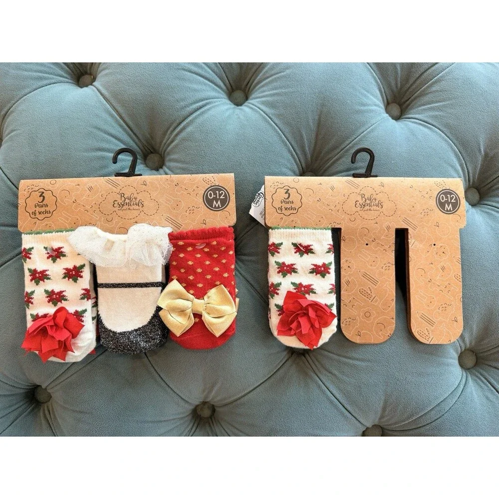 Baby Essentials 4 Pair Socks Assorted Colors 0-12 Months Girls Holiday Christmas